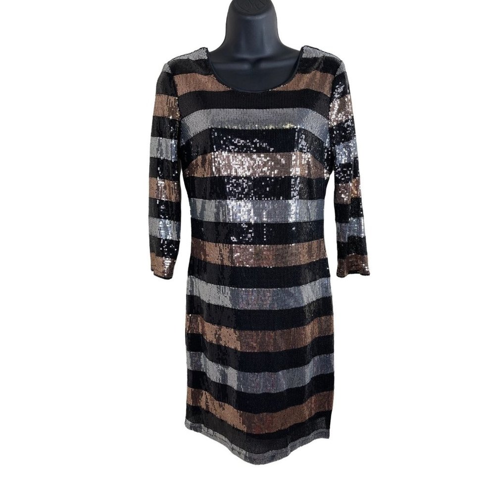 Charlotte Russe Dress Black Gold Silver Sequin Women Size M 3/4 Sleeve Poly Span